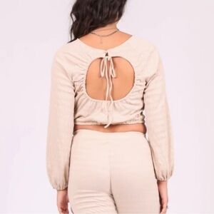 Rewash Textured Open Back Cropped Elastic Waist Long Sleeve Top